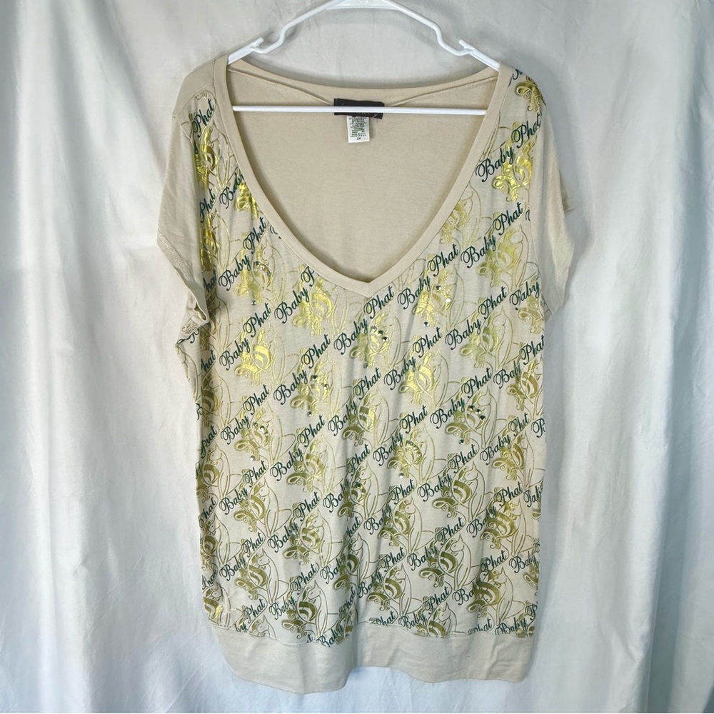 Baby Phat Woman’s Y2K Beige V-Neck Short Sleeve Top with Gold Script — Size 2X